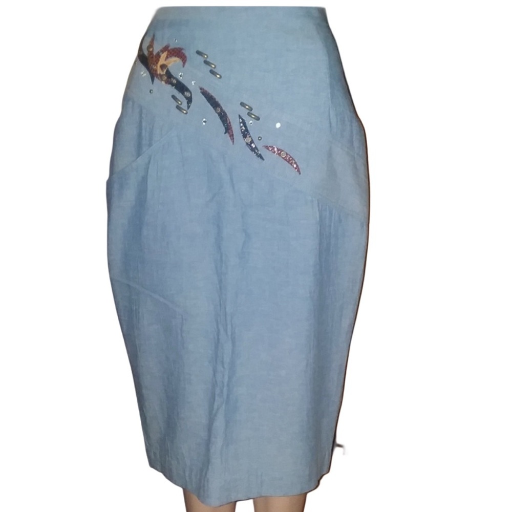Rare Vintage Blue Embellished CACHE Skirt size 8